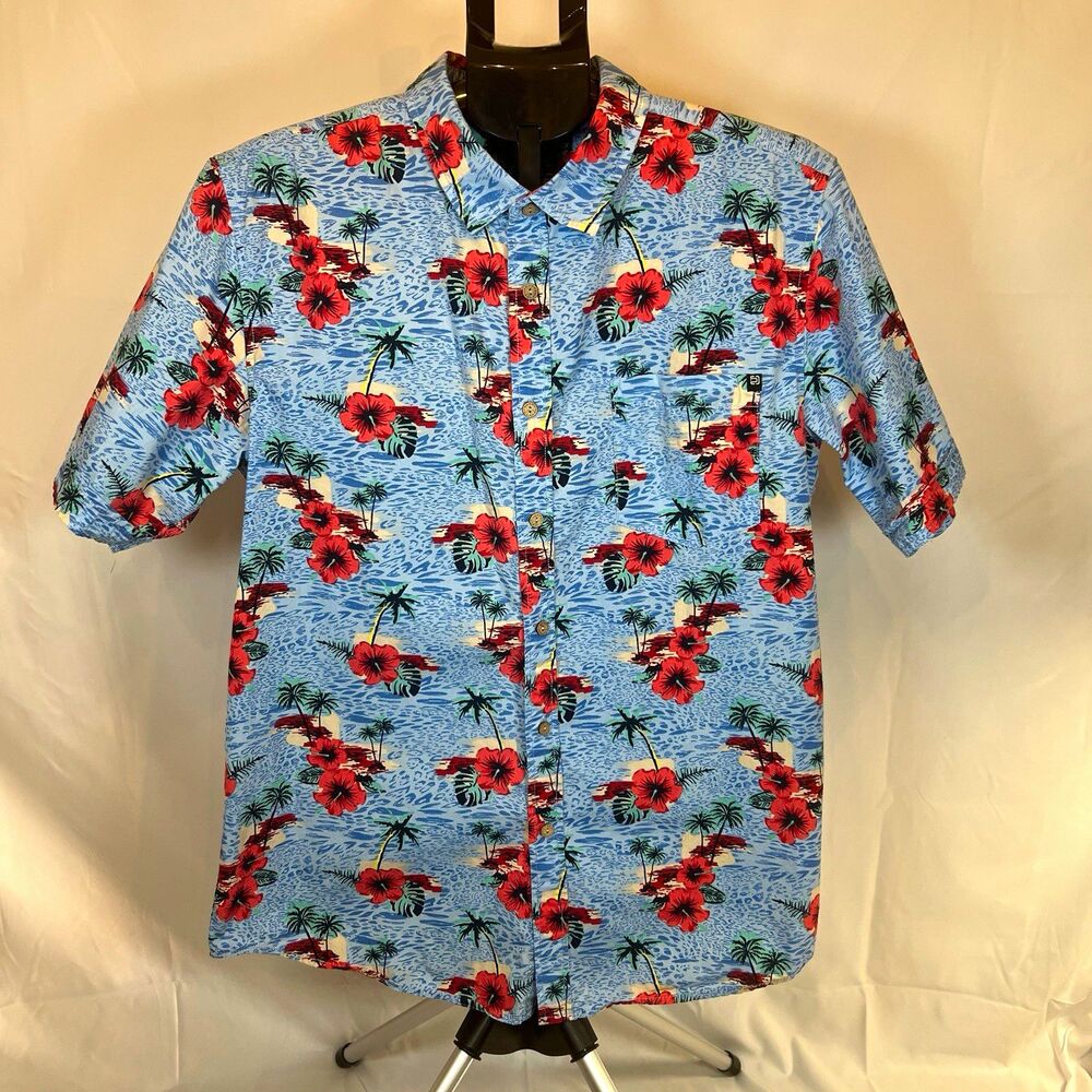Distortion Men's Short Sleeve Button-Up Hawaiian Tropical Floral Cotton Size L